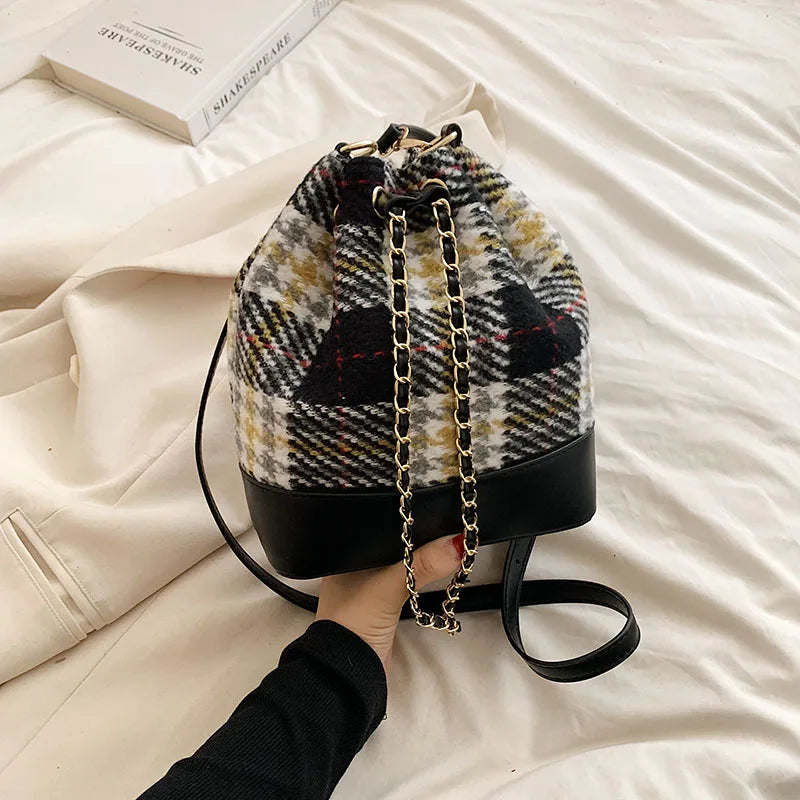 Vintage Houndstooth Woolen Bucket Messenger Bag Women Style