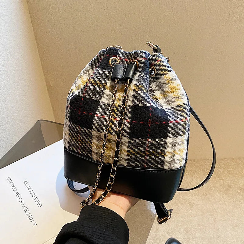 Vintage Houndstooth Woolen Bucket Messenger Bag Women Style