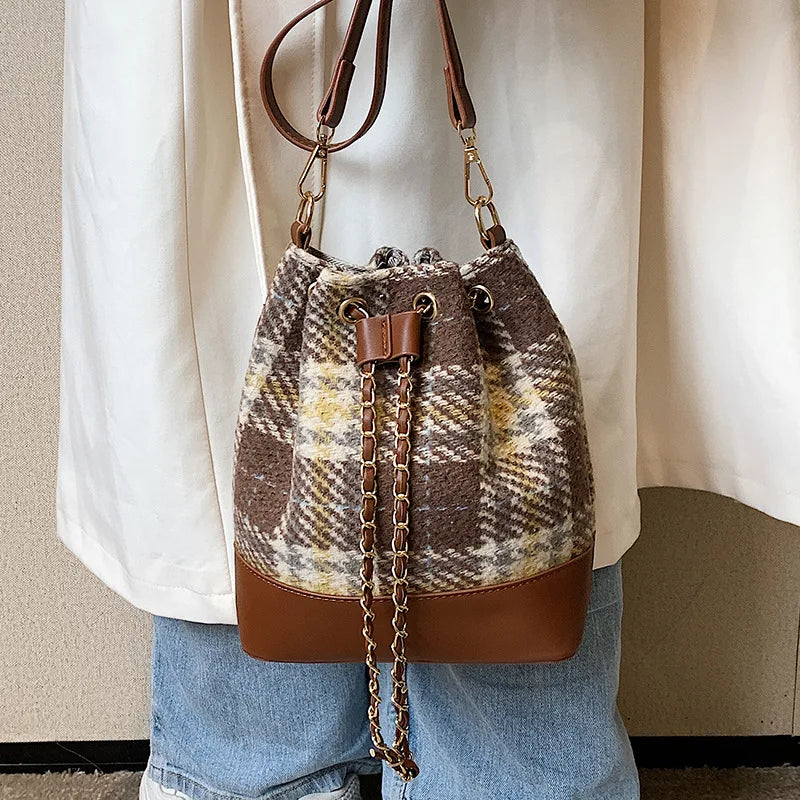 Vintage Houndstooth Woolen Bucket Messenger Bag Women Style