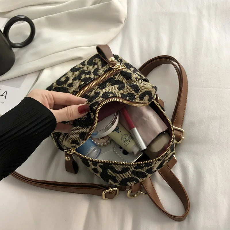 Vintage Leopard Small Backpack for Women Winter Girls Students School Back Packs