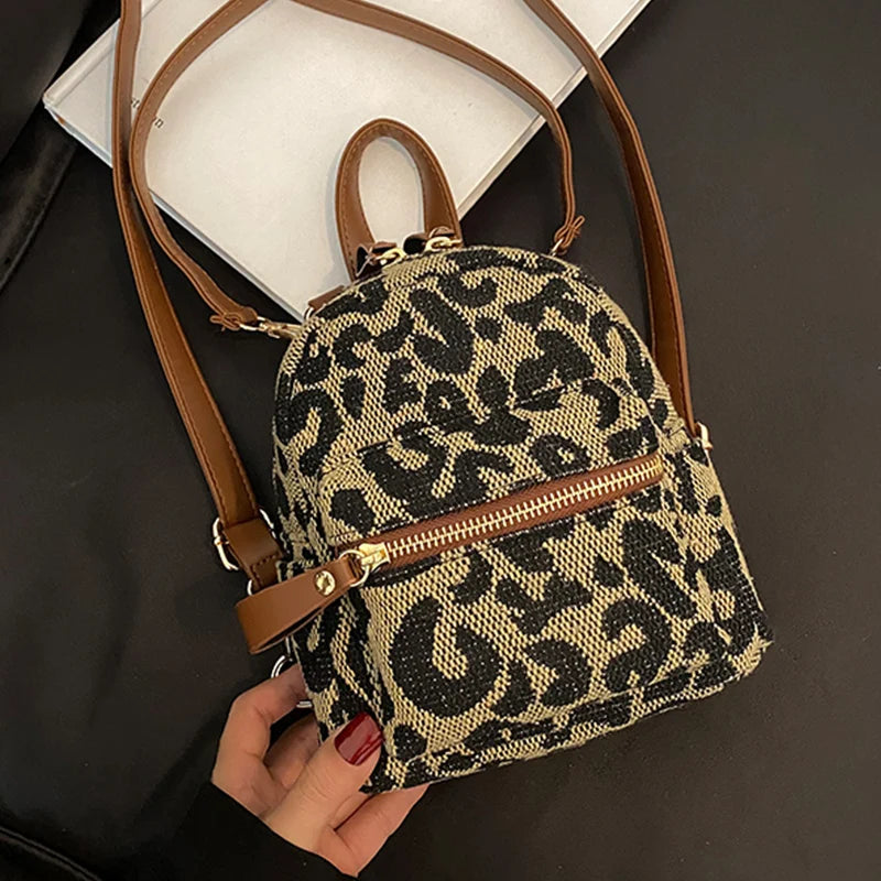 Vintage Leopard Small Backpack for Women Winter Girls Students School Back Packs
