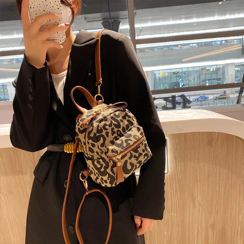 Vintage Leopard Small Backpack for Women Winter Girls Students School Back Packs