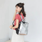 Vintage Silver Leather School Backpack Reflective Women Bagpack