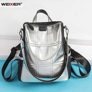 Vintage Silver Leather School Backpack Reflective Women Bagpack