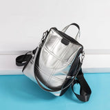 Vintage Silver Leather School Backpack Reflective Women Bagpack