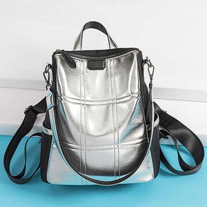 Vintage School Shoulder Bag Backpack Silver Leather Teenage B42-74