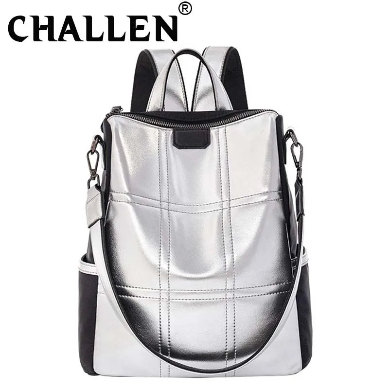 Vintage School Shoulder Bag Backpack Silver Leather Teenage B42-74