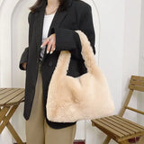 Vintage Plush Bucket Bag Solid Portable Shoulder Bag Larger Capacity Tote for Wo