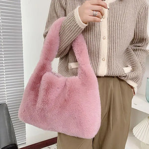 Vintage Plush Bucket Bag Solid Portable Shoulder Bag Larger Capacity Tote for Wo