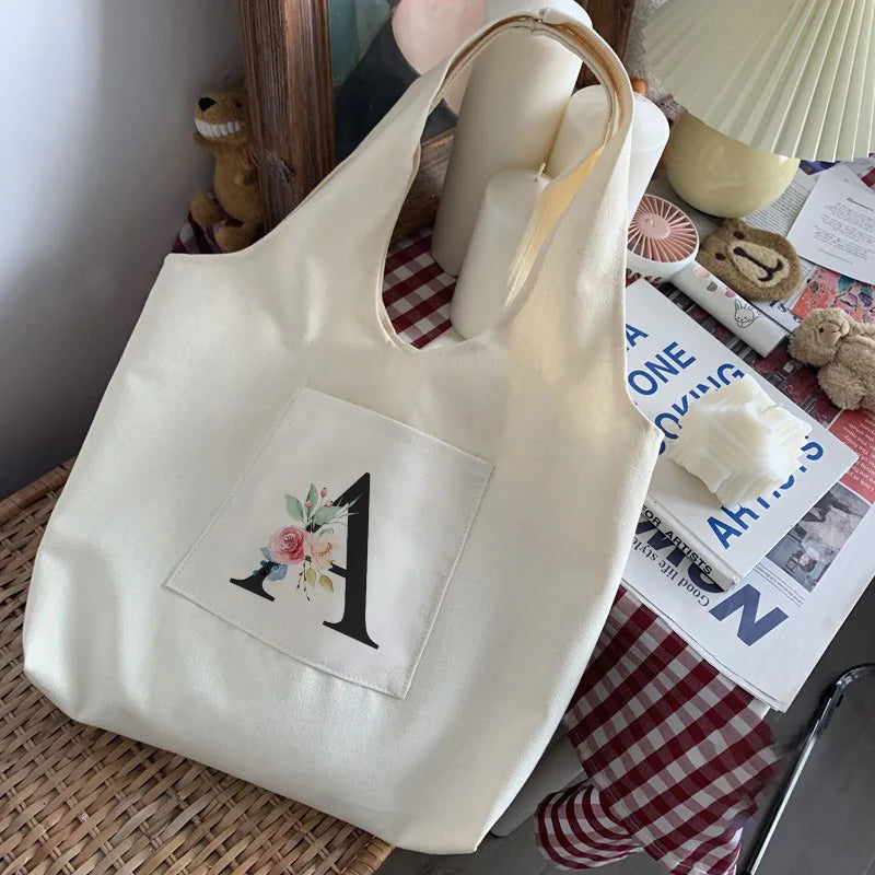 Initial Letter Pattern Print Shoulder Bag Soft Commuter Tote