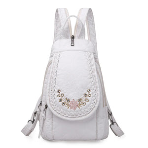 Embroidery Leather Backpack Women Travel Chest Bag School Bags for Girls