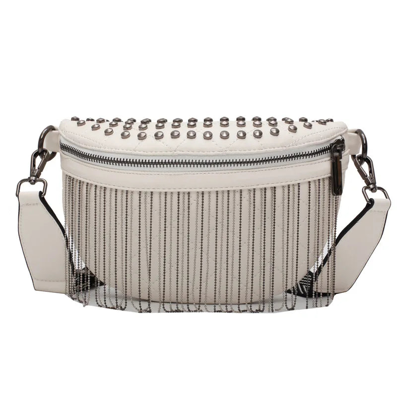 Woman Chest Bag Tassel Rivet Leather Large Capacity Shoulder Crossbody Bag
