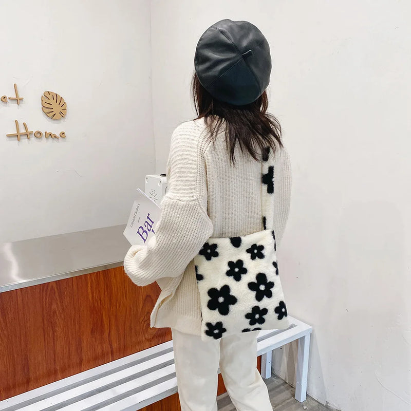 Floral Printed Shoulder Handbag Soft Fluffy Crossbody Large Capacity Bag