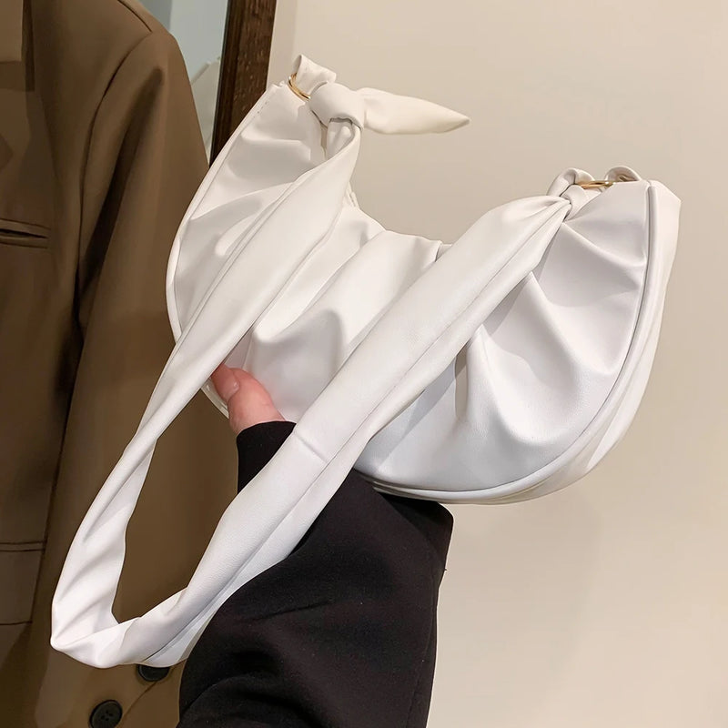 Women Armpit Bag Solid PU Leather Cloud Pleated Casual Purse