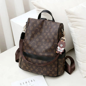 Cartoon Print Leather Backpack for Women