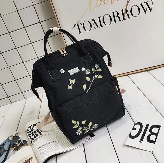 Floral Embroidery Women Backpack Large Capacity Shoulder Bag