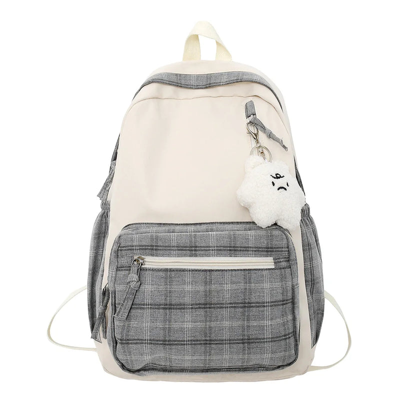 Plaid Women Backpack with Pendant, Casual Teenagers Schoolbag