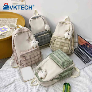 Plaid Women Backpack with Pendant, Casual Teenagers Schoolbag