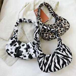 Women Bag PU Pleated Shoulder Animal Pattern Print Hobos Underarm Bags