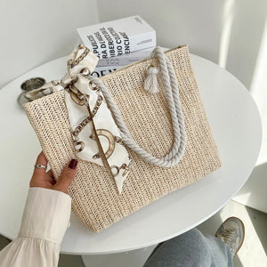 Summer Straw Shoulder Bag with Silk Scarf, Lightweight Tote Purse