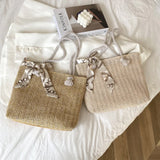 Summer Straw Shoulder Bag with Silk Scarf, Lightweight Tote Purse