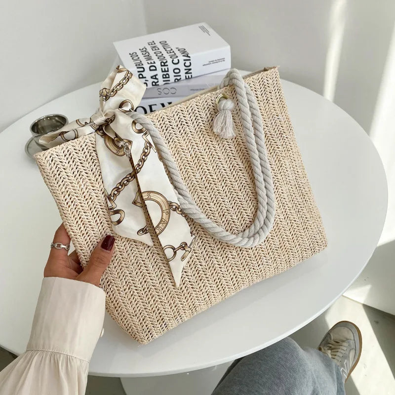 Summer Straw Shoulder Bag with Silk Scarf, Lightweight Tote Purse
