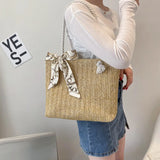 Summer Straw Shoulder Bag with Silk Scarf, Lightweight Tote Purse
