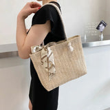 Summer Straw Shoulder Bag with Silk Scarf, Lightweight Tote Purse