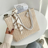 Summer Straw Shoulder Bag with Silk Scarf, Lightweight Tote Purse