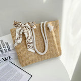 Summer Straw Shoulder Bag with Silk Scarf, Lightweight Tote Purse