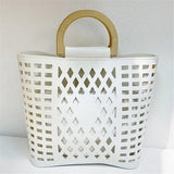 Hollow Out Beach Bag Wood Handle Tote Bag PU Leather Shoulder Bag