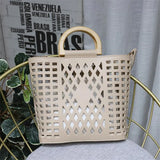 Hollow Out Beach Bag Wood Handle Tote Bag PU Leather Shoulder Bag