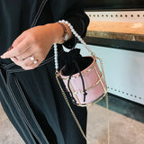 Pearls Beaded Handle Women Bucket Bags Chain Shoulder Crossbody Evening Clutch