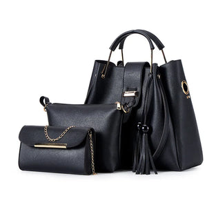 Women Bucket Handbag Large Capacity PU Leather Shoulder Bag Female 3 Pcs Set