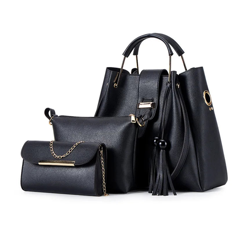 Women Bucket Handbag Large Capacity PU Leather Shoulder Bag Female 3 Pcs Set
