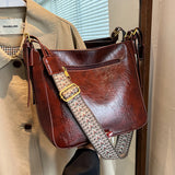 Women Bucket Shoulder Bags High Retro Oil Wax Pu Leather Crossbody Bag