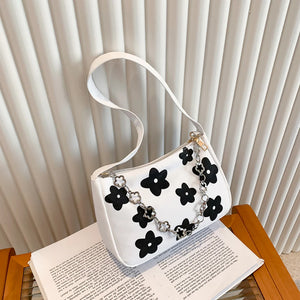 Canvas Flower Print Small Shoulder Bag Vintage Chain Mini Purse