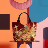 Canvas Shoulder Bags Peafowl Embroidery Handbags Retro Top-handle Tote