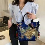Canvas Shoulder Bags Peafowl Embroidery Handbags Retro Top-handle Tote