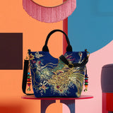 Canvas Shoulder Bags Peafowl Embroidery Handbags Retro Top-handle Tote