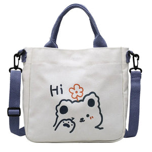 Canvas Bear Print Student Tote Zipper Bag