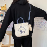 Canvas Bear Print Student Tote Zipper Bag