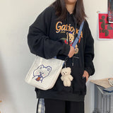 Canvas Bear Print Student Tote Zipper Bag