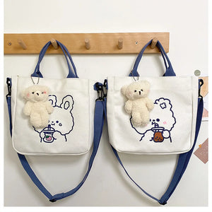 Canvas Bear Print Student Tote Zipper Bag