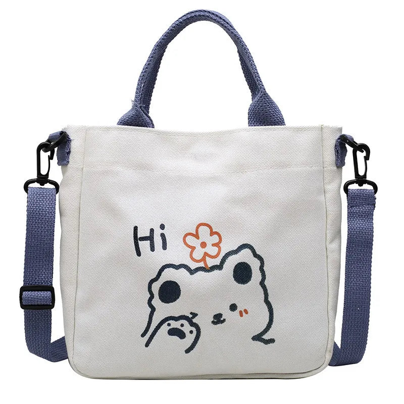 Canvas Bear Print Student Tote Zipper Bag