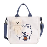 Canvas Bear Print Student Tote Zipper Bag
