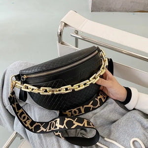 Women Chain Chest Bag Leather Stone Pattern Shoulder Bag