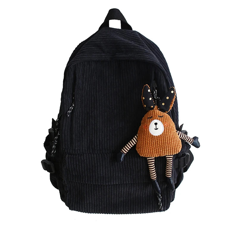 Women Corduroy Backpack Pure Stripe School Bag Teenage Girl Backpack