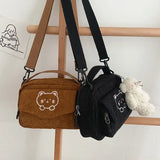 Women Corduroy Bear Print Shoulder Bag Student Tote Messenger Satchel