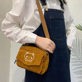 Women Corduroy Bear Print Shoulder Bag Student Tote Messenger Satchel